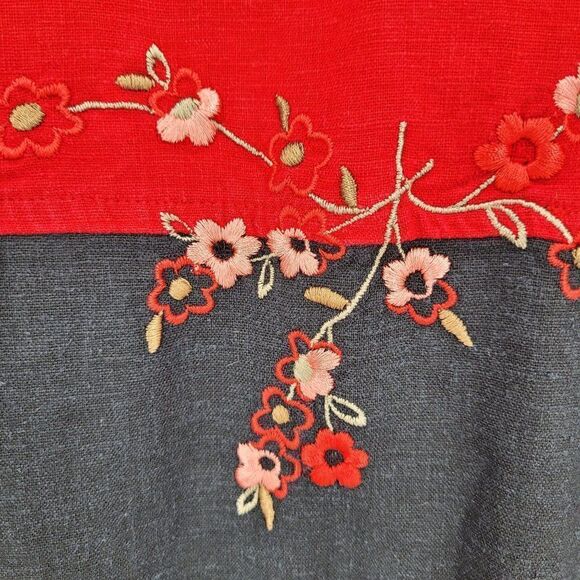Vintage 90s Linen Sleeveless Shift Dress 10 Red Black Floral Embroidered - Picture 2 of 15